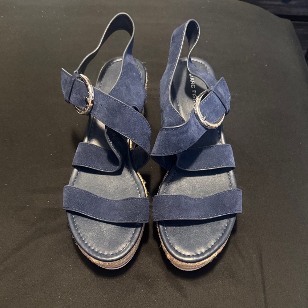 Marc Fisher Navy Suede Strappy Wedge Sandals